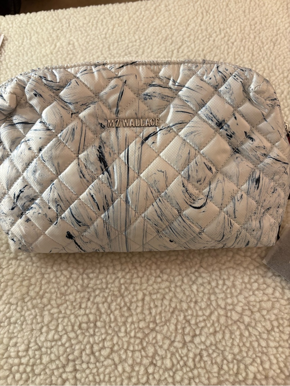 MZ Wallace White Quilted Cosmetic Pouch with Navy Brushstroke Accents -